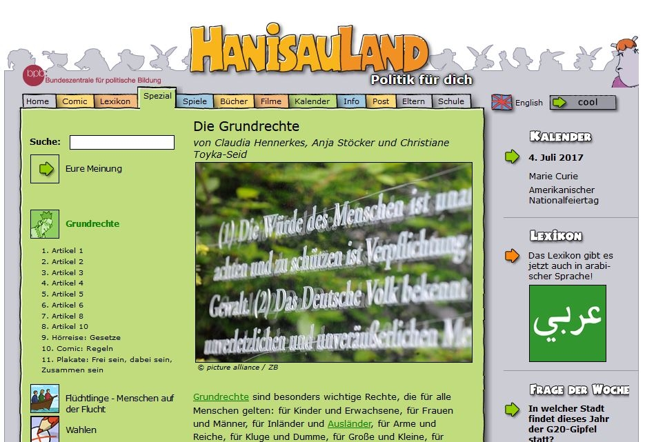 Die Spezials von HanisauLand widmen sich einem Thema über verschiedene Kapitel verteilt / Screenshot HanisauLand.de